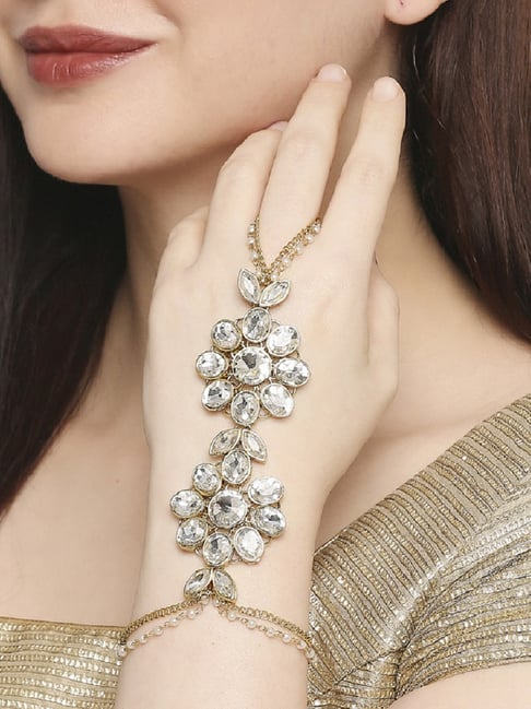 Oomph Gold Tone Kundan & Pearls Floral Ethnic Statement Hand Harness-picture-23