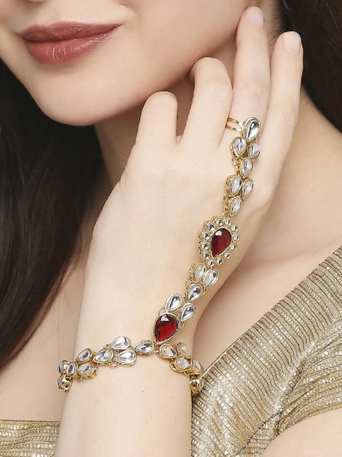 Oomph Red Stones & Kundan Ethnic Statement Hand Harness-picture-18