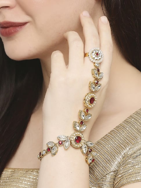 Oomph Red Stones & Kundan Ethnic Statement Hand Harness