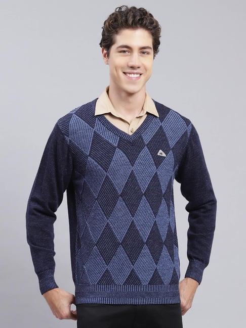 Buy Monte Carlo Blue Regular Fit Printed Sweater for Mens Online