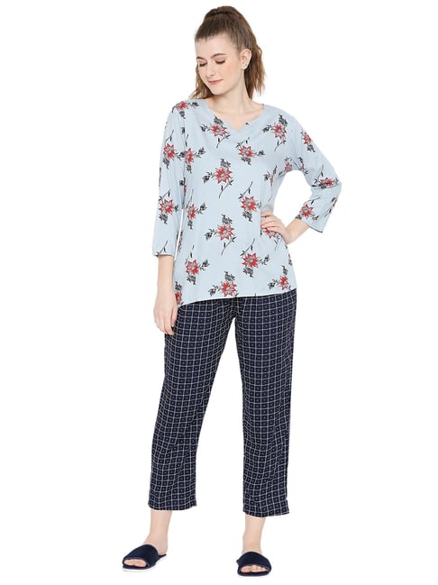 Smarty Pants Blue Cotton Floral Top With Pyjamas-picture-29