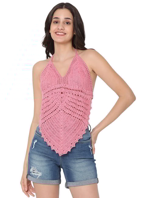 Smarty Pants Pink Self Design Crochet Bikini Top-picture-45