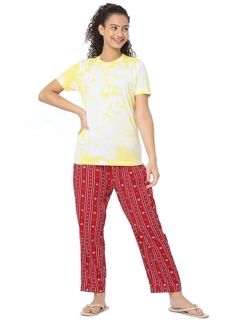 Smarty Pants Lime Yellow Maroon Tie Dye T-Shirt With Pyjamas