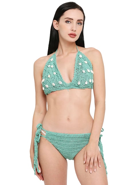 Smarty Pants Green Self Design Bra Bikini Panty