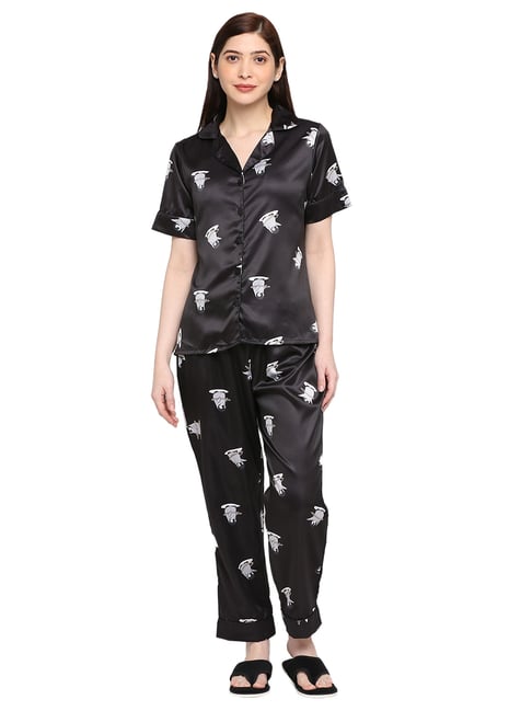 Buy Smarty Pants Black and White Satin Print Shirt With Pyjamas