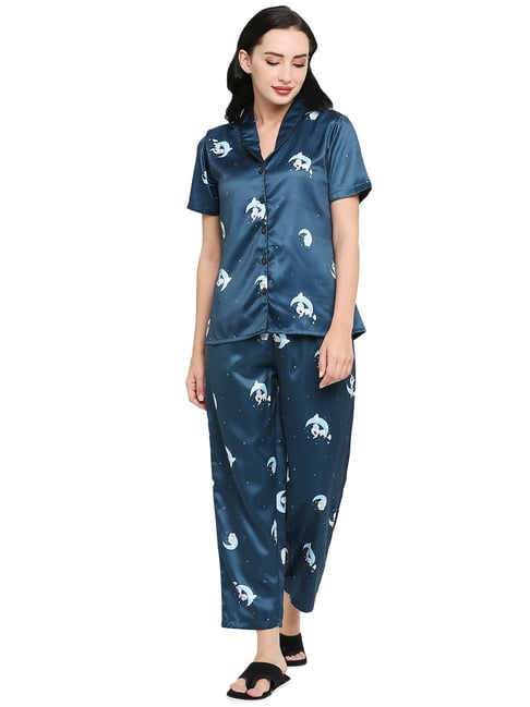 Buy Smarty Pants Teal Blue Satin Animal Print Shirt With Pyjamas for Women Online Tata CLiQ