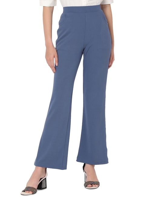 Buy Smarty Pants Blue Cotton Lycra Flared Fit High Rise Trousers