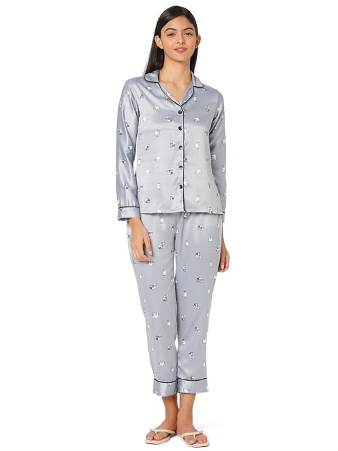 Smarty Pants Light Grey Satin Animal Print Shirt With Pyjamas-picture-37