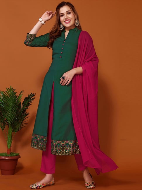 Buy Bottle Green Suit Set With Gotta Pati Work Online in USA – Pure Elegance