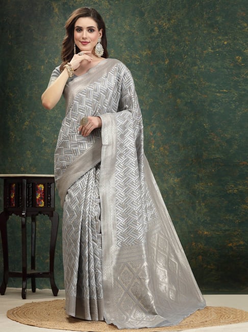 Stunning Grey Zari Work Silk Saree With Blouse Piece