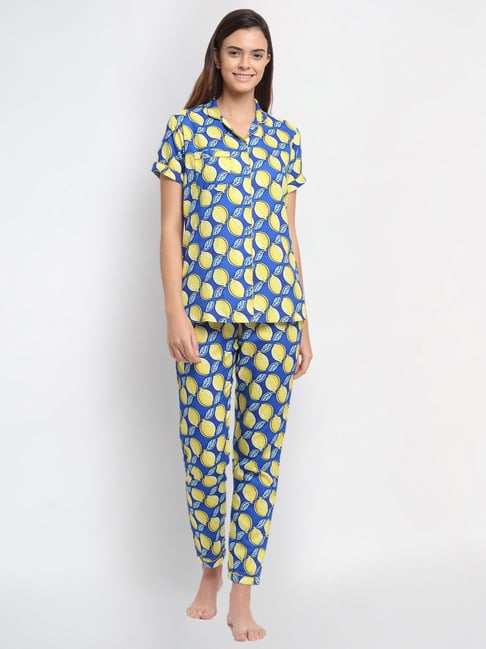 aoba Erotissch Blue & Yellow Printed Shirt Pyjama Set-picture-30