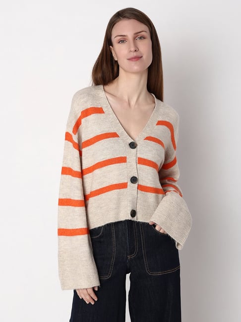 Vero Moda Beige Orange Striped Cardigan