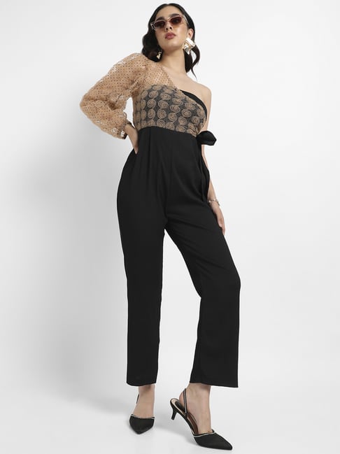Campus Sutra Black & Beige Self Pattern Jumpsuit