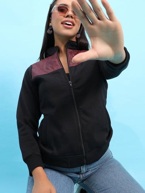 Buy Campus Sutra Black Maroon Cotton Jacket for Women Online