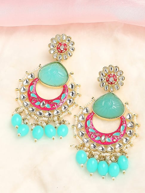 Oomph Mint Green Rani Pink Meenakari with Jaipur Stones Kundan Chand Bali Earrings-picture-17