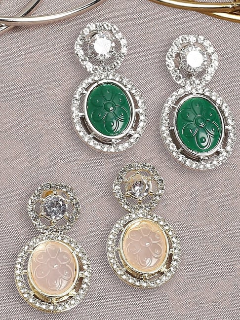 Oomph Green Peach Engraved Jaipur Stone American Diamond Indo Western Dangler Earrings - Set of 2-picture-22