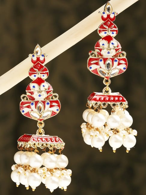 Gold plated enamel hand painted kundan-meenakari jhumka earrings, Indian  traditional jewelry - red & blackcolor -