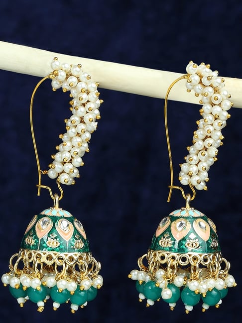 Oomph Green Meenakari Kundan Pearls Jhumki Earrings-picture-43