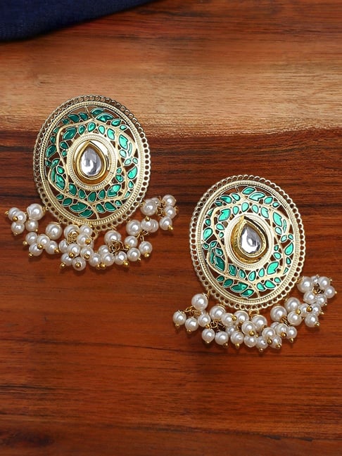 Oomph Green Meenakari Kundan Pearls in Oval Shape Stud Earrings-picture-33