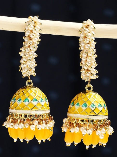 Oomph Yellow Meenakari Enamel Pearls Ethnic Jhumki Earrings-picture-27