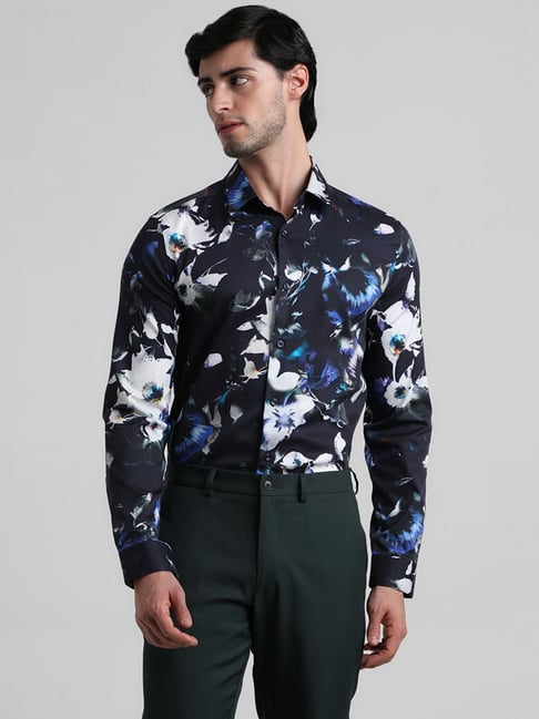 Jack & Jones Jet Black Cotton Slim Fit Printed Shirt