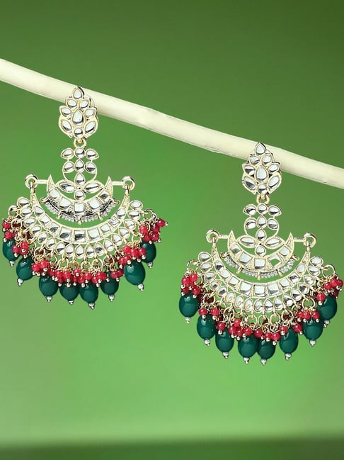 Oomph Green & Rani Pink Kundan & Beads Chand Bali Earrings-picture-42