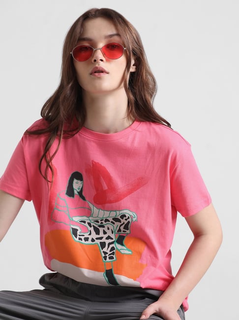 Only Pink Cotton Printed T-Shirt