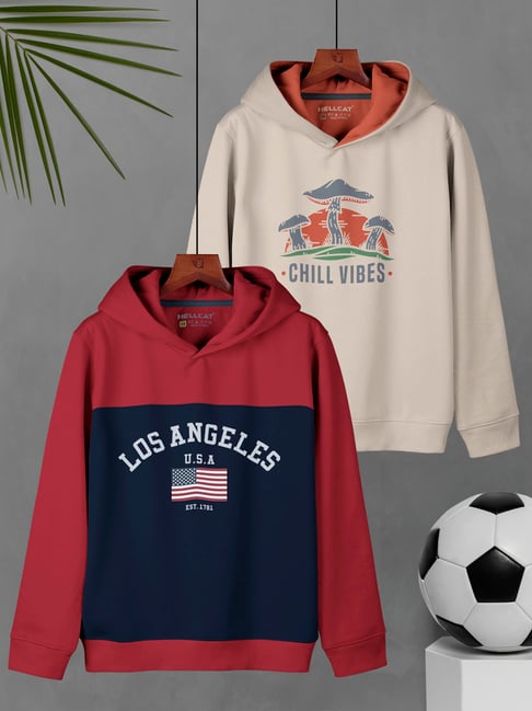 HELLCAT Kids Maroon & Beige Printed Full Sleeves Sweatshirt (Pack Of 2)
