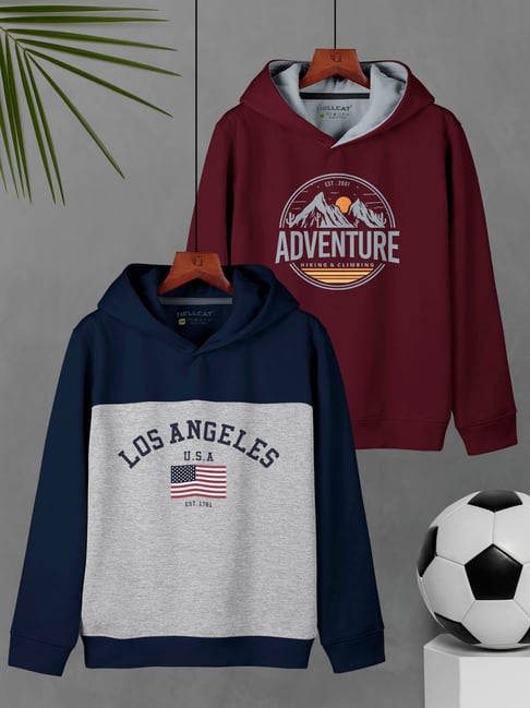 HELLCAT Kids Navy & Burgundy Printed Full Sleeves Sweatshirt (Pack Of 2)