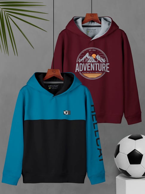 HELLCAT Kids Blue & Burgundy Printed Full Sleeves Sweatshirt (Pack Of 2)