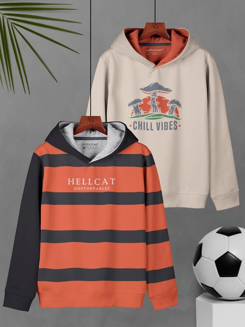 HELLCAT Kids Orange & Beige Printed Full Sleeves Sweatshirt (Pack Of 2)