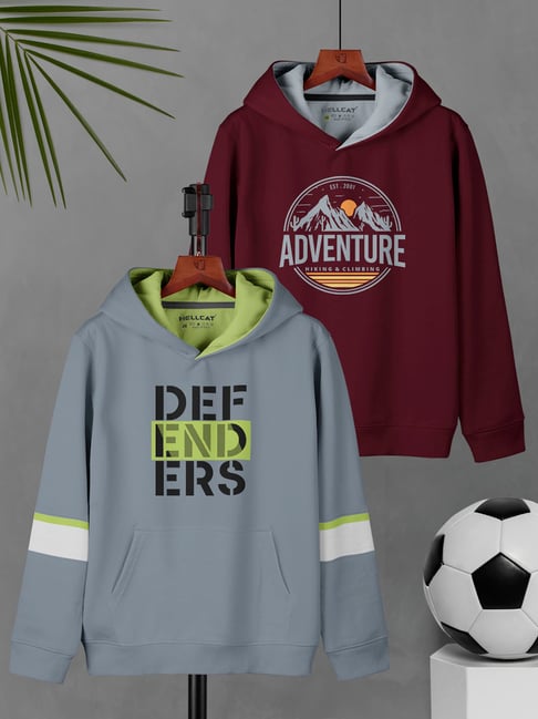 HELLCAT Kids Bluish Grey & Burgundy Printed Full Sleeves Sweatshirt (Pack Of 2)