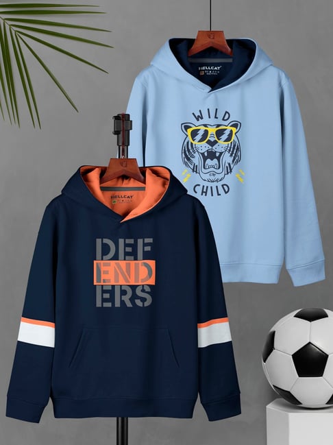 HELLCAT Kids Navy & Sky Blue Printed Full Sleeves Sweatshirt (Pack Of 2)