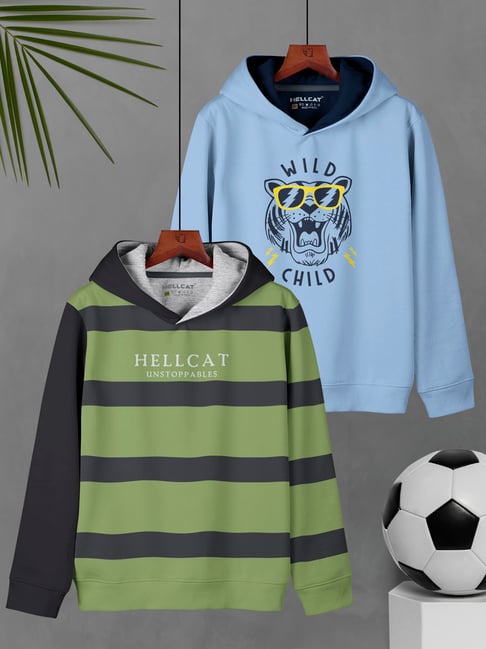 HELLCAT Kids Green & Sky Blue Printed Full Sleeves Sweatshirt (Pack Of 2)