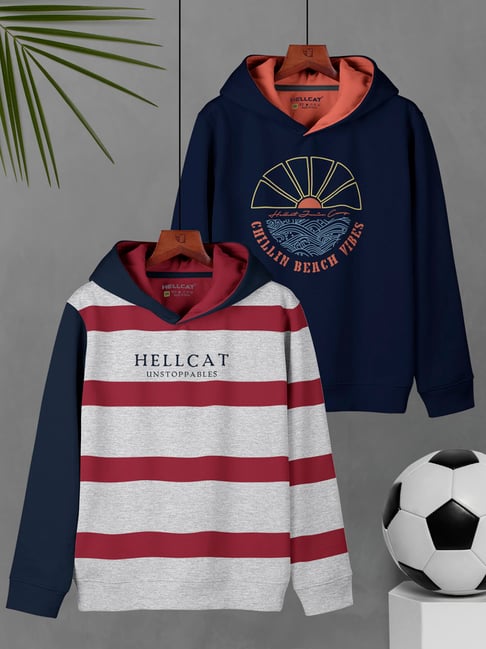 HELLCAT Kids Grey Melange & Navy Printed Full Sleeves Sweatshirt (Pack Of 2)-picture-19