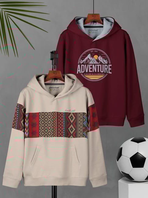 HELLCAT Kids Beige & Burgundy Printed Full Sleeves Sweatshirt (Pack Of 2)