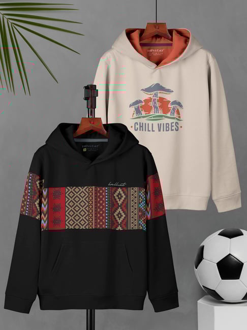 HELLCAT Kids Black & Beige Printed Full Sleeves Sweatshirt (Pack Of 2)