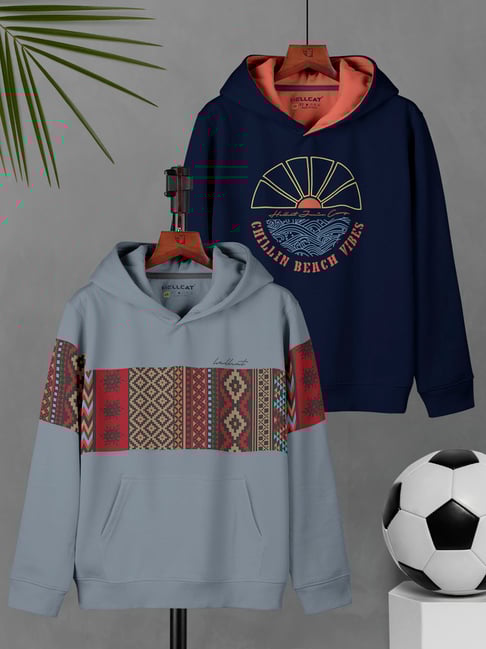 HELLCAT Kids Bluish Grey & Navy Printed Full Sleeves Sweatshirt (Pack Of 2)