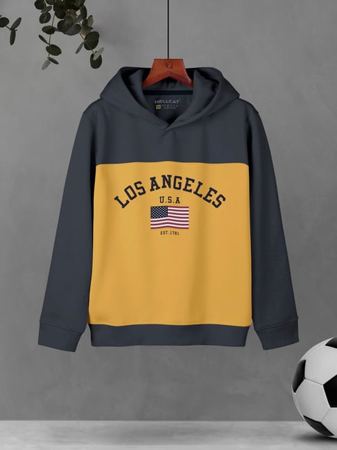 HELLCAT Kids Dark Grey & Mustard Color Block Full Sleeves Sweatshirt