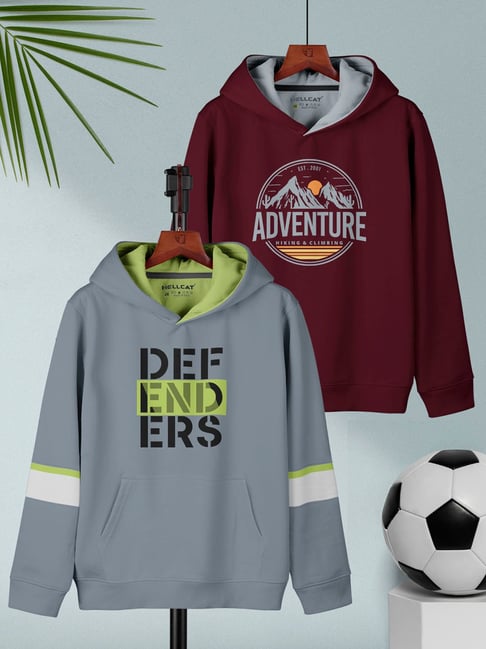 HELLCAT Kids Grey & Burgundy Printed Full Sleeves T-Shirt (Pack Of 2)-picture-21