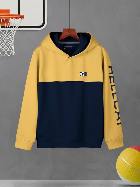 HELLCAT Kids Mustard & Navy Color Block Full Sleeves Sweatshirt