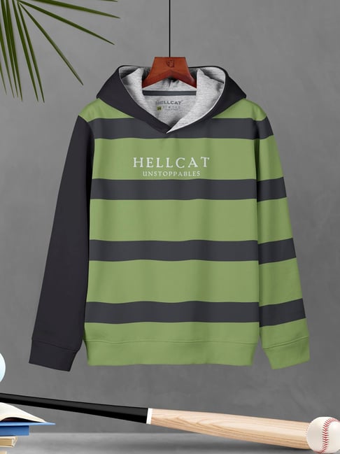 HELLCAT Kids Green & Grey Striped Full Sleeves Sweatshirt-picture-15