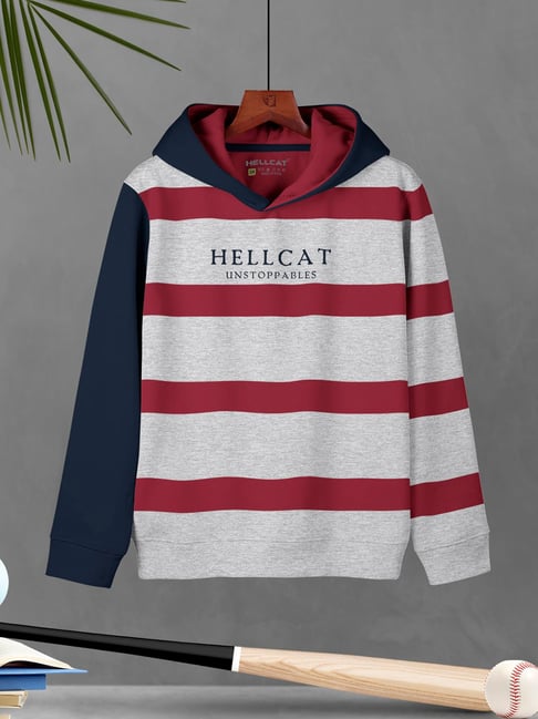 HELLCAT Kids Grey Melange & Red Striped Full Sleeves Sweatshirt-picture-18