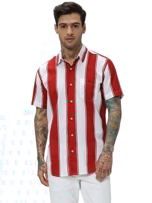 Mufti Mens Red And White Striped Dress Shirt Mufti Red Slim Fit