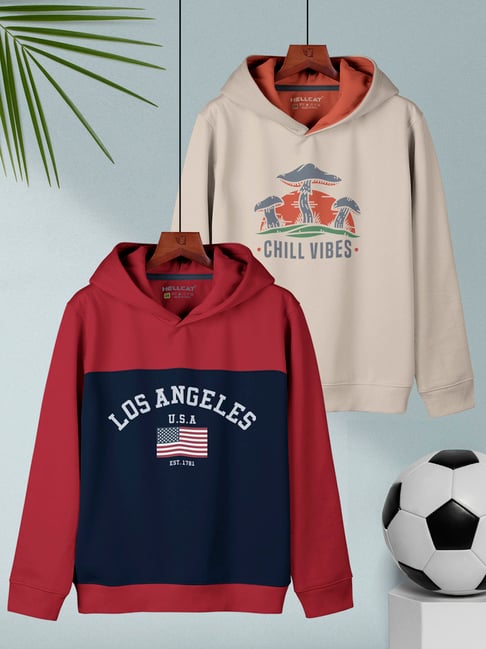 HELLCAT Kids Maroon & Beige Printed Full Sleeves Sweatshirt (Pack Of 2)