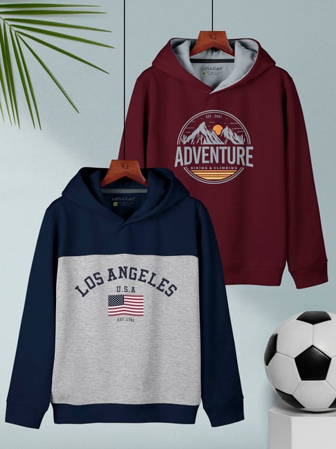 HELLCAT Kids Navy & Burgundy Printed Full Sleeves Sweatshirt (Pack Of 2)