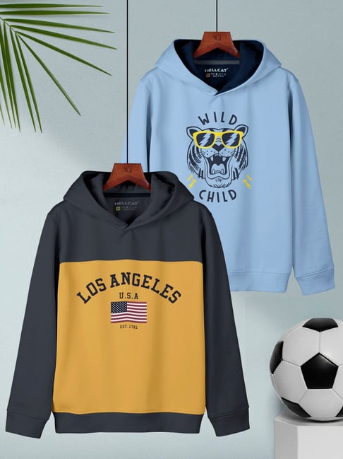 HELLCAT Kids Dark Grey & Sky Blue Printed Full Sleeves Sweatshirt (Pack Of 2)