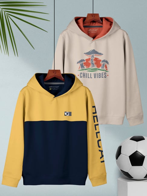 HELLCAT Kids Mustard & Beige Printed Full Sleeves Sweatshirt (Pack Of 2)