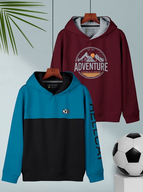 HELLCAT Kids Blue & Burgundy Printed Full Sleeves Sweatshirt (Pack Of 2)