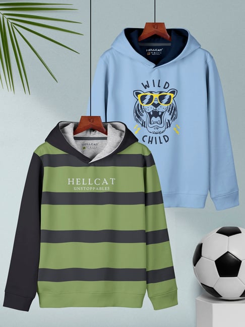 HELLCAT Kids Green & Sky Blue Printed Full Sleeves Sweatshirt (Pack Of 2)